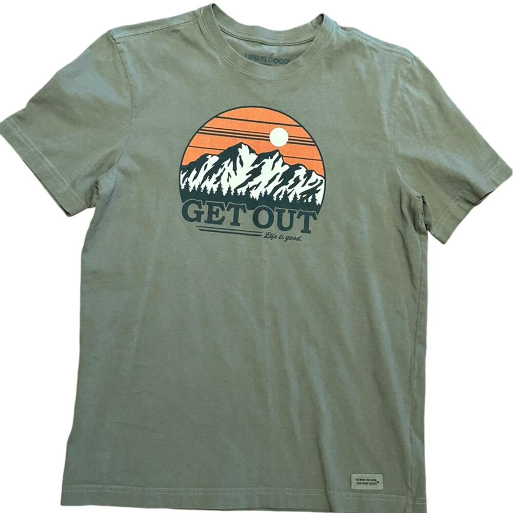 Life Is Good Adult Small Olive Green Short Sleeve T Shirt “Get Out Life is Good”